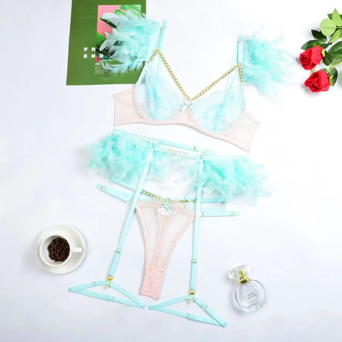 Sexy Lace G-String Lingerie Set - Feather Detail Trikini with Metal Chain and Garter Belt