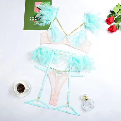 Sexy Lace G-String Lingerie Set - Feather Detail Trikini with Metal Chain and Garter Belt