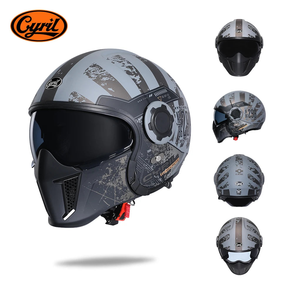 CYRIL OP12A Open-Face Motorcycle Helmet - Double-Lens Modular Retro Helmet for Men and Women, DOT and ECE Certified