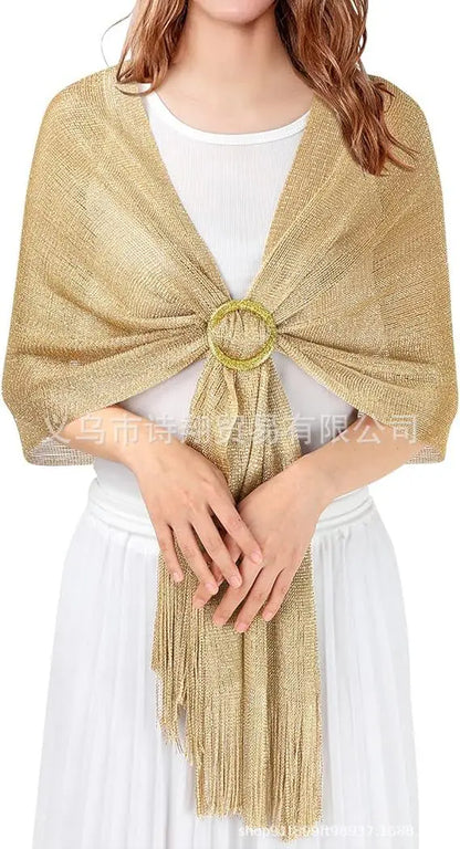 Gold & Silver Thread Tassel Scarf – Elegant Beach, Wedding & Party Fashion Shawl Accessory SJ15