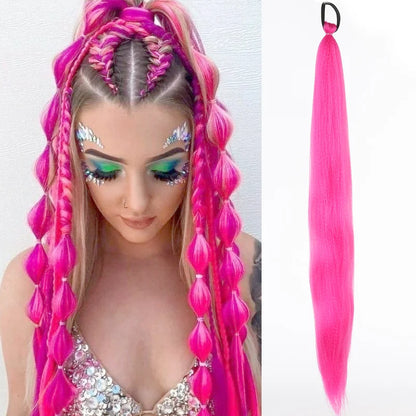 26" Synthetic Ponytail Extension - Long Straight Ombre Pink Purple Blue Hair with Elastic Tie