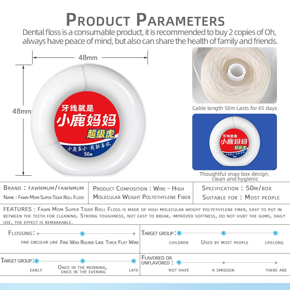 Fawnmum 50m Mint Dental Floss Spool – Free Cutting Interdental Cleaning Wire for Fresh Breath & Oral Care