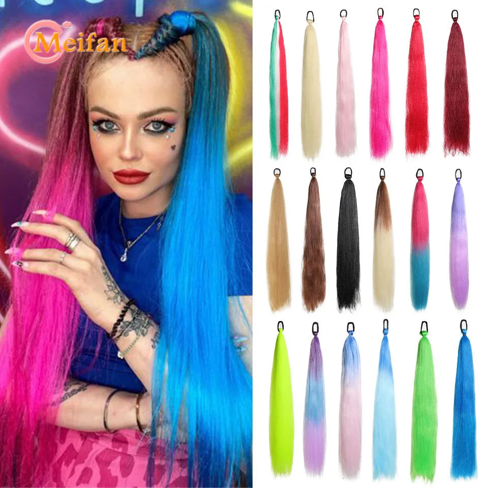 MEIFAN Synthetic Color Braid Ponytail Extension – Red, Green, Blue, Pink, Straight Hair Wrap Around with Elastic Tie