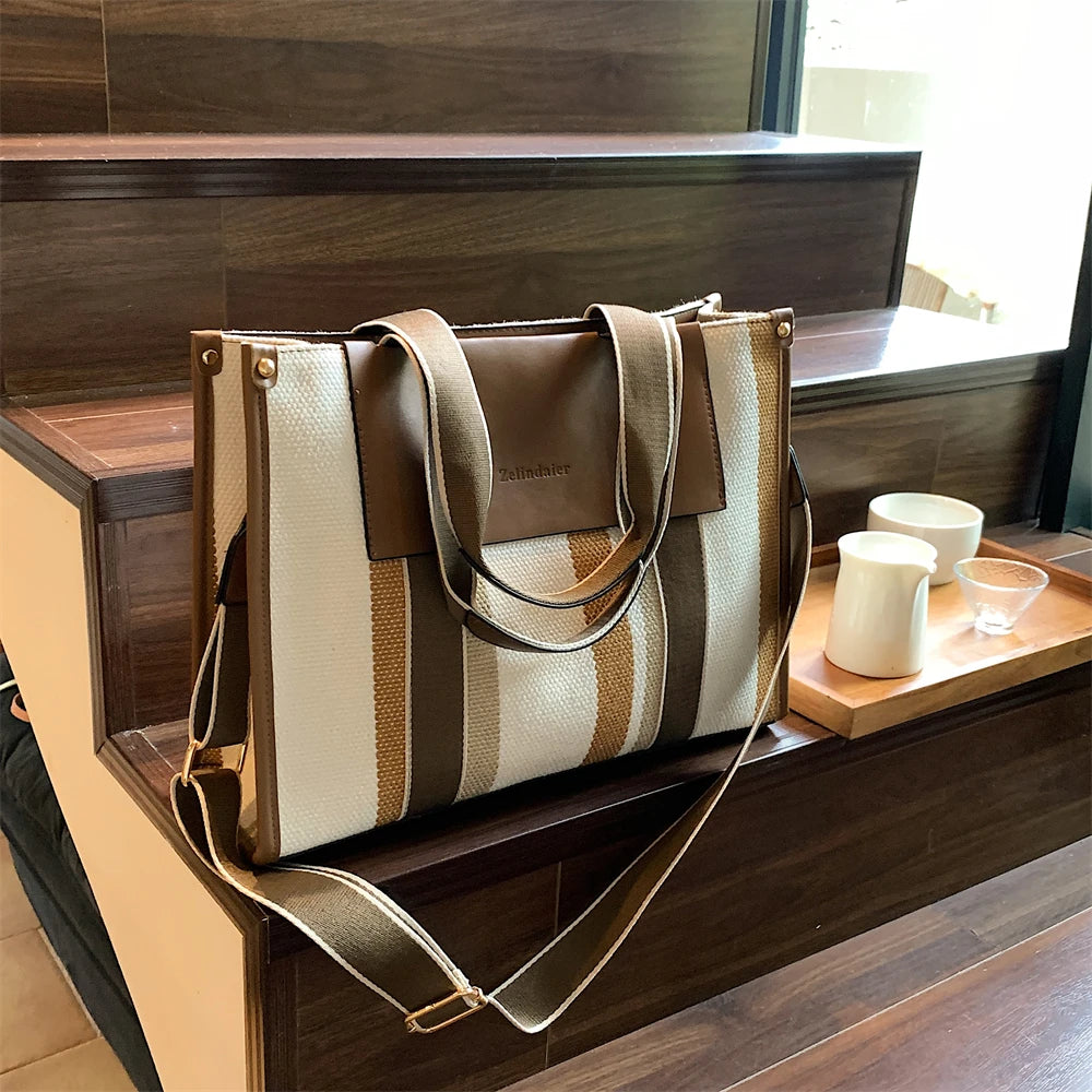 MOODS Quality Canvas Tote Bag for Women 2023 – Luxury Designer Handbag, Contrast Color Striped, Big Shoulder Crossbody Shopper Totes
