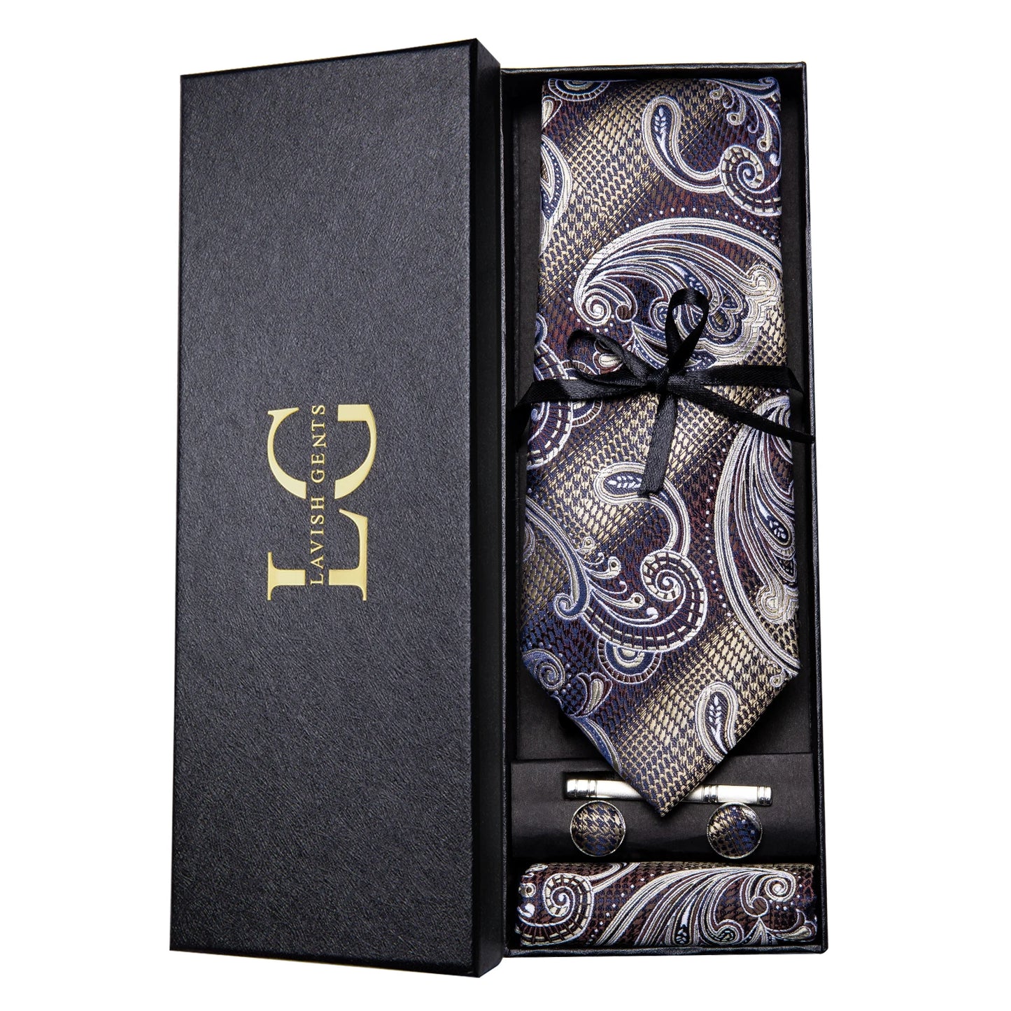 Hi-Tie Luxury Paisley Teal Green Tie Set - Men’s Classic Necktie with Handkerchief & Cufflinks Gift Box for Wedding & Formal Wear
