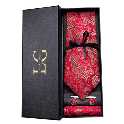 Hi-Tie Luxury Paisley Teal Green Tie Set - Men’s Classic Necktie with Handkerchief & Cufflinks Gift Box for Wedding & Formal Wear
