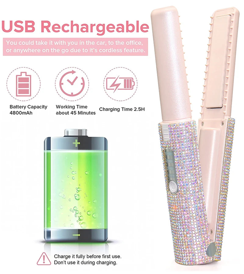 2-in-1 Wireless Hair Straightener & Curler – USB Rechargeable Diamond Design Styling Brush for Travel & Home