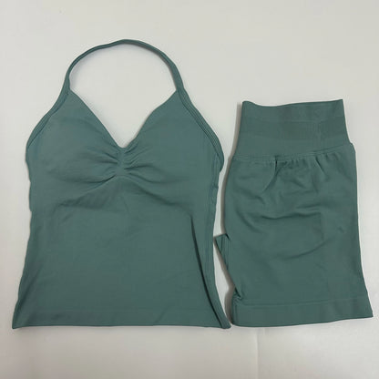 2-Piece Women’s Yoga Set – Seamless Longline Strappy Tank Top & Scrunch Sports Shorts, Summer Workout Gym Outfit