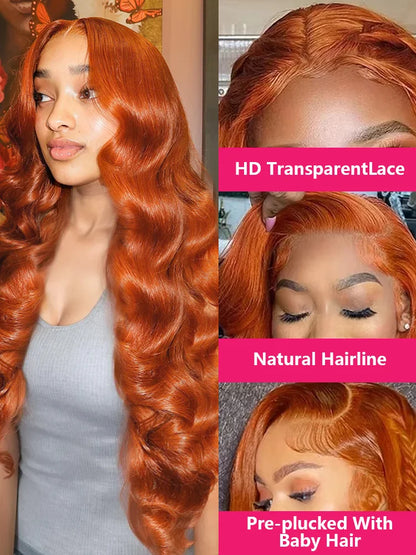 30-40 Inches Ginger Orange Water Wave 13x4 HD Lace Frontal Wig – Glueless Body Wave Human Hair, 13x6 Lace Front Wig