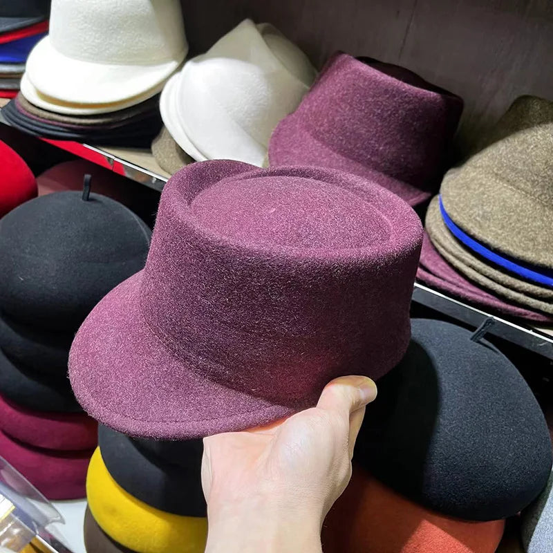 Winter Fedora Hat for Women - Korean Flat Top, Wool, British Casual Style in Navy, Black, Gray, Khaki, High Quality Equestrian Fashion
