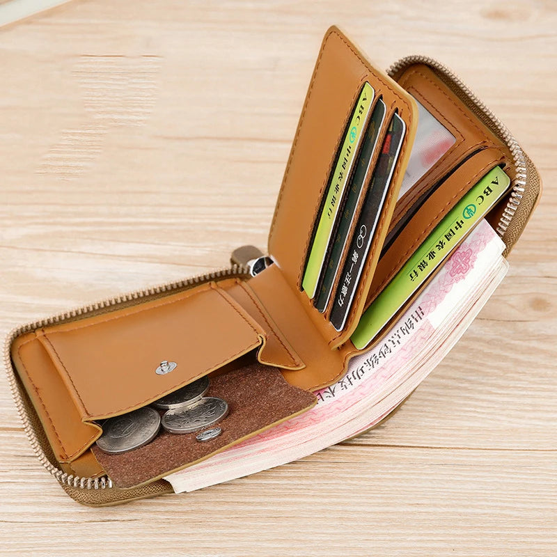 Luxury Leather Men's Wallet – RFID Zipper Card Holder with Coin Pocket, Perfect Gift for Men