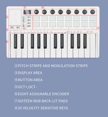 M-VAVE SMK-25 II MIDI Controller Keyboard – 25-Key USB Mini, 16 RGB Drum Pads, 8 Knobs, Music Production Software Included
