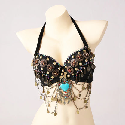 Vintage Gypsy Tribal Belly Dance Push-Up Bra – Wooden Beads Top with Turquoise Medallion