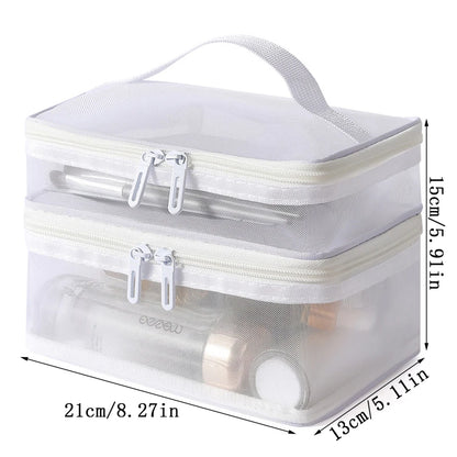 Travel 2-Layer Cosmetic Organizer Bag – Transparent Folding Mesh Zipper Pouch, Large Capacity Makeup & Wash Kit Bag 2024