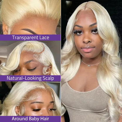 613 Blonde Body Wave Human Hair Lace Frontal Wig 220% Density – HD Transparent 13x4/13x6 Pre-Plucked Brazilian Lace Front Wig for Women