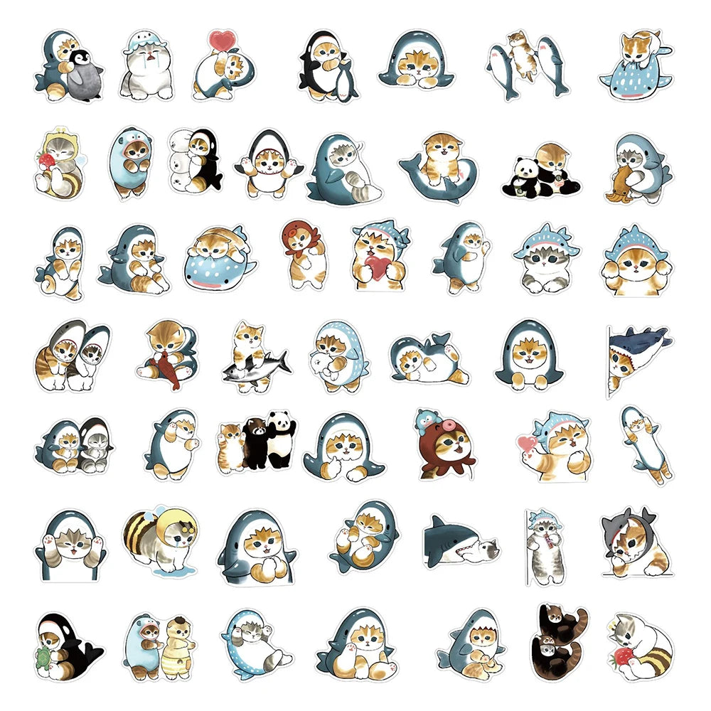 10/30/50PCS Cute Shark and Cat Stickers - Fun Cartoon Decals for Suitcases, Scrapbooks, Laptops, Phones, and Stationery