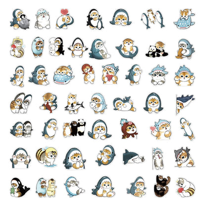 10/30/50PCS Cute Shark and Cat Stickers - Fun Cartoon Decals for Suitcases, Scrapbooks, Laptops, Phones, and Stationery