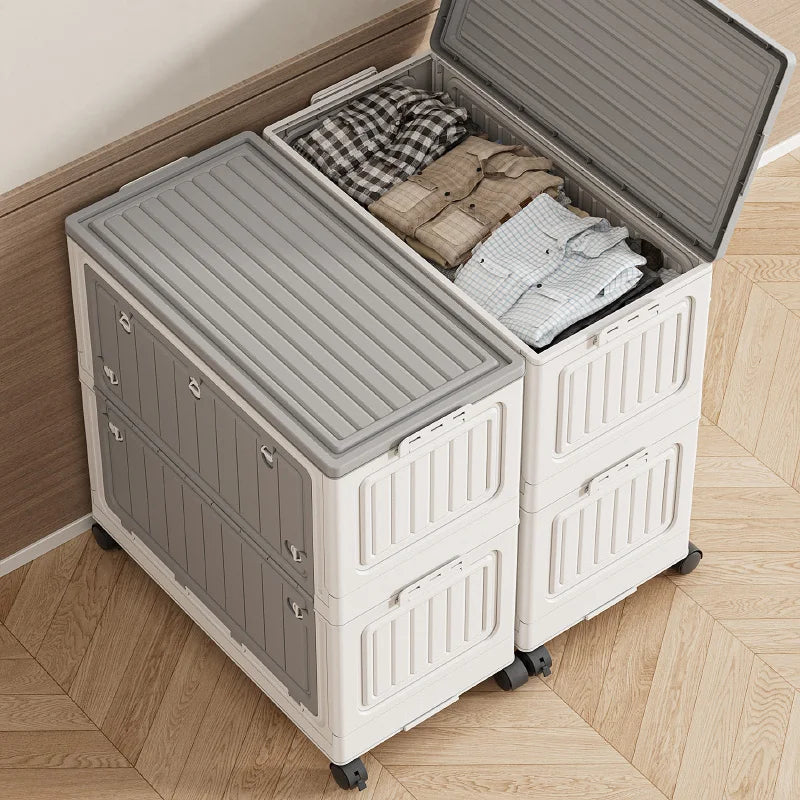 Large Capacity Foldable Storage Bin - Transparent Mobile Organizer with Wheels for Clothes & Toys