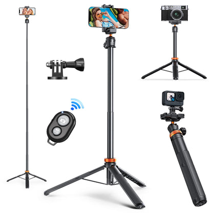 K&F Concept MS08 62'' Phone Tripod – 1.58m Selfie Stick with Bluetooth Remote & GoPro Adapter (Black & Orange)