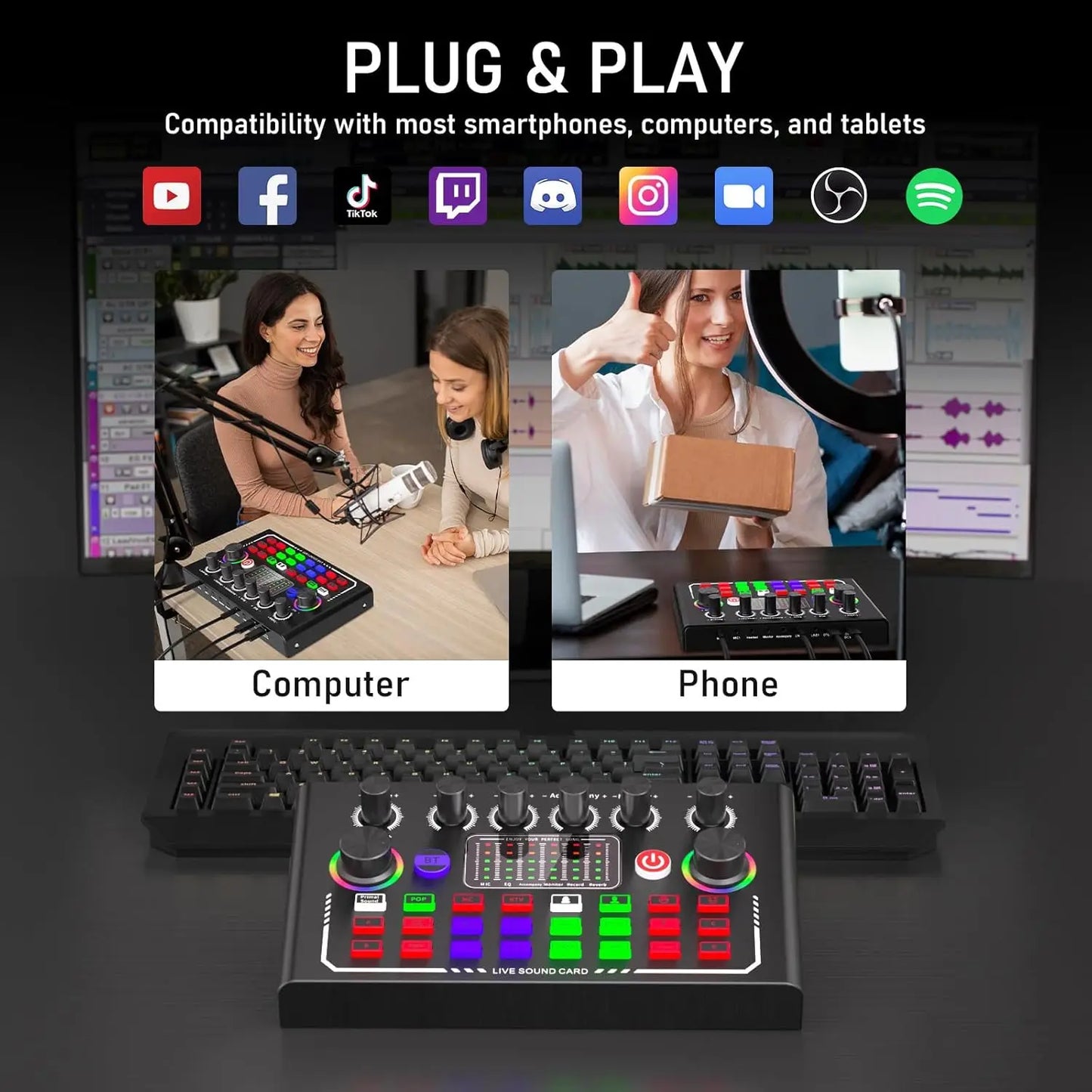 F009 Live Sound Card Mixer - Bluetooth DJ Audio Interface with Microphone Kit for Smartphone Live Streaming & Recording