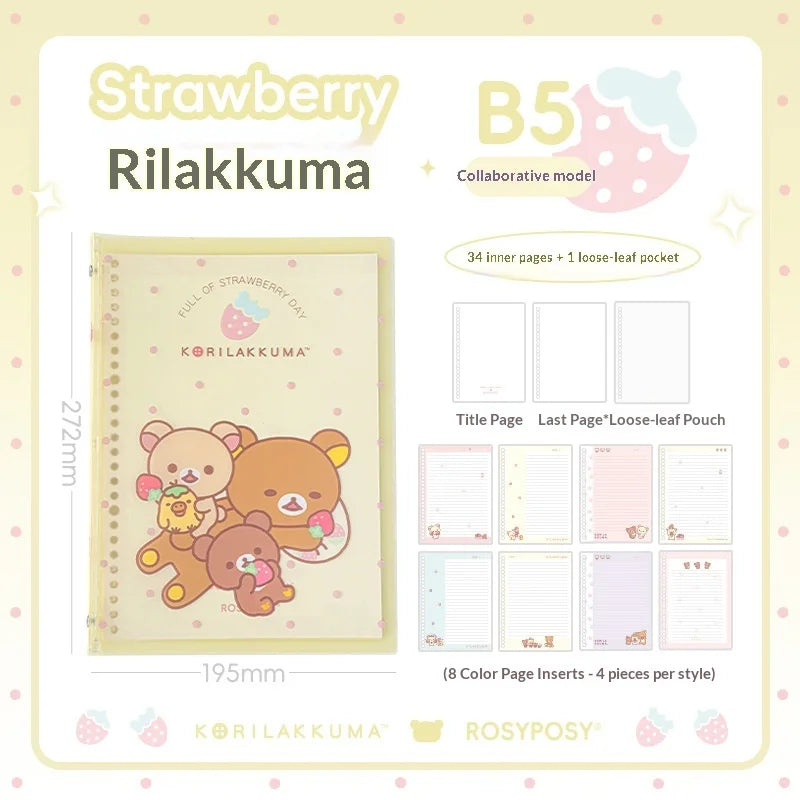 Rosyposy Korilakkuma Strawberry B5 Notebook - Cute Soft-Cover Loose-Leaf Journal for Study, Writing and Note-Taking
