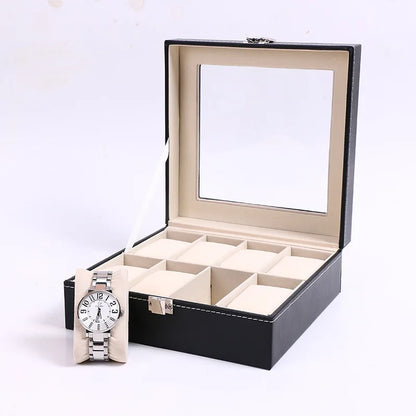 DELESYS PU Leather Watch Box — 2/3/4/5/6/8/10/12 Slot Traditional Style Storage Case with Lock, Gift Watch Organizer