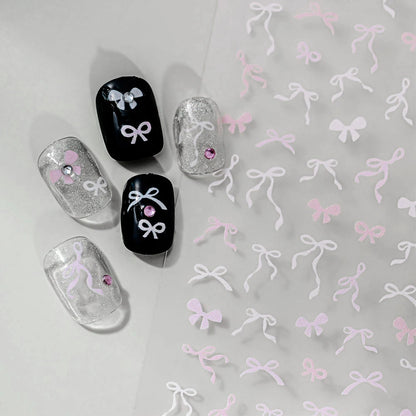 5D Pink & White Bowknot Nail Stickers – Self-Adhesive Kawaii Ribbon Nail Art Decals for DIY Manicure & Nail Decoration