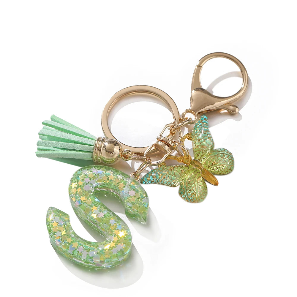 A-Z Initial Letter Resin Keychain - Green Butterfly Lobster Key Ring & DIY Charm