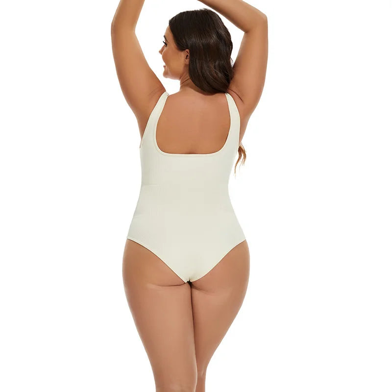 GUUDIA Ribbed Tummy Control Jumpsuit – Light Compression Daily Shaper Bodysuit with Open Crotch Shapewear Design