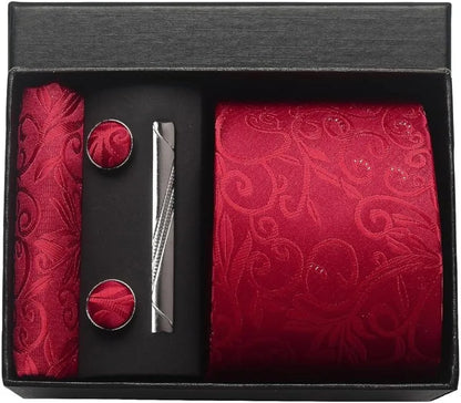 100% Silk Men’s Necktie Set with Paisley Floral Design, Business Tie with Pocket Square, Tie Clip & Cufflinks Gift Box Set for Men