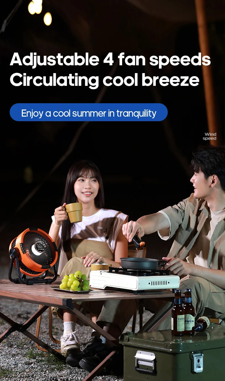 KINSCOTER 6-in-1 Portable Camping Fan — 20000mAh Rechargeable Outdoor Fan with 4 Speeds, Hook & LED Light
