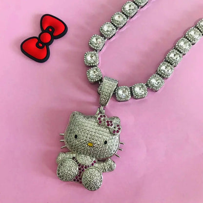 Kawaii Hello Kitty Necklace – Anime Sanrio Hip Hop Diamond Pendant with Cuba Chain, Cute Cartoon Jewelry Gift for Men & Women