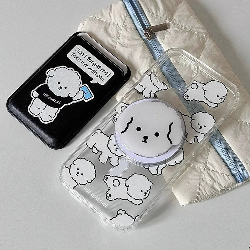 Cute Dog Cartoon Magnetic Phone Card Holder – Back Case Wallet for iPhone 15/14 with MagSafe Slot for ID & Bank Cards
