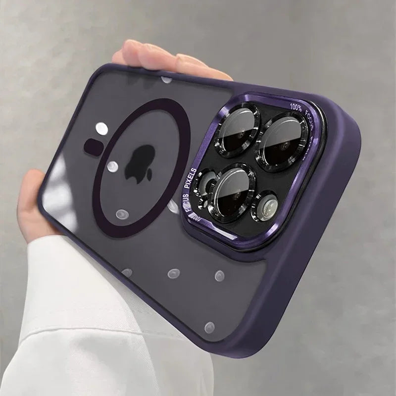 Luxury Magnetic Metal Lens Case – Hard Clear Protective Cover for iPhone 16, 15, 14, 13, 12, 11 Pro Max with Wireless Charging