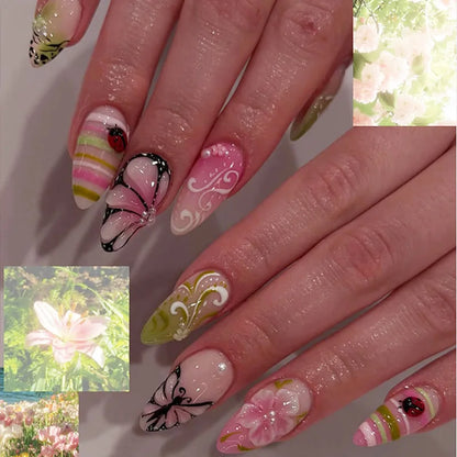 24PCS Strawberry Bow Press On Nails - Red Short Almond Pearl Starlight Floral False Nail Art Tips
