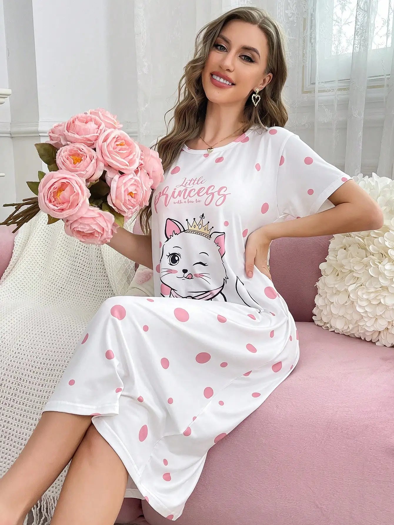 Women's White Cat Print Polka Dot Nightdress with Bow Detail