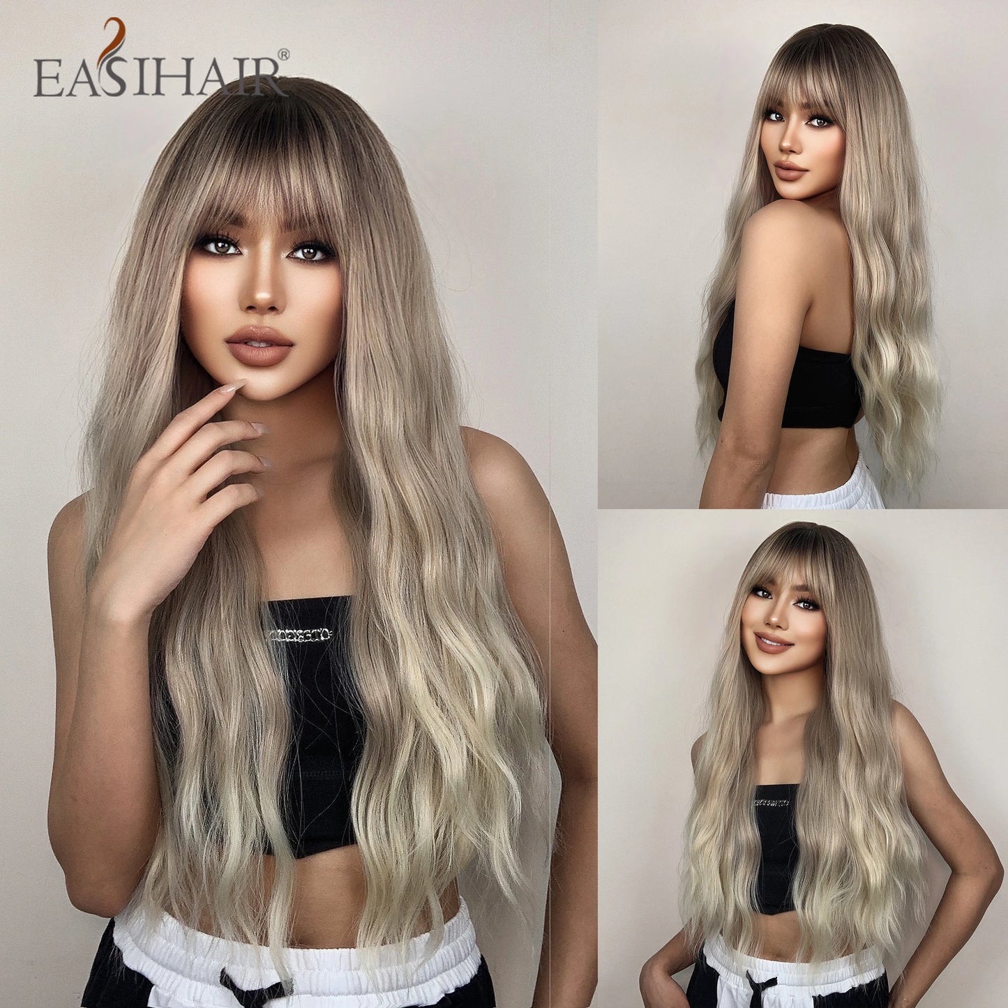 Light Green Long Wavy Synthetic Wig with Bangs – Blackish Green Cosplay & Lolita Style, Heat-Resistant for Women