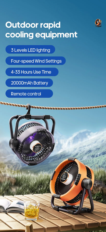 KINSCOTER 6-in-1 Portable Camping Fan — 20000mAh Rechargeable Outdoor Fan with 4 Speeds, Hook & LED Light