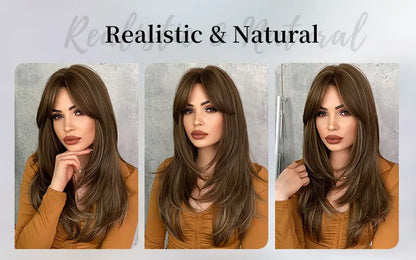 7JHH Honey Blonde Wig with Bangs - Long Brown Layered Heat Resistant Synthetic Wig for Women, Daily Use