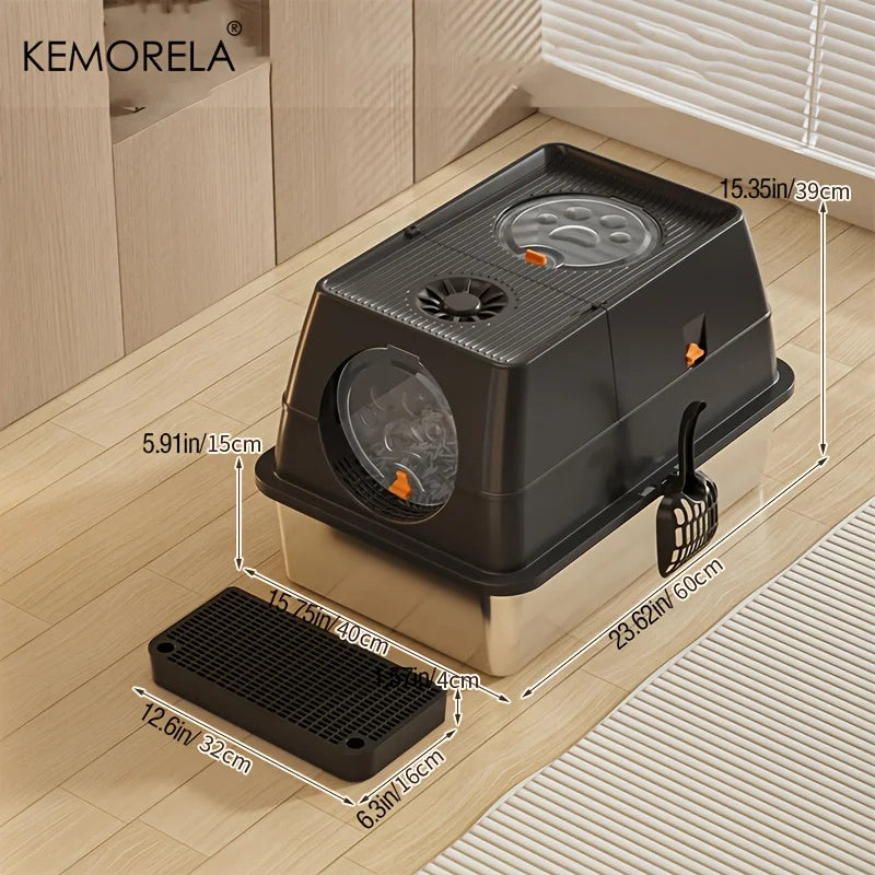 KEMORELA XL Stainless Steel Cat Litter Box – Extra Large Enclosed Litter Box with High Sides & Removable Scoop for Big Cats