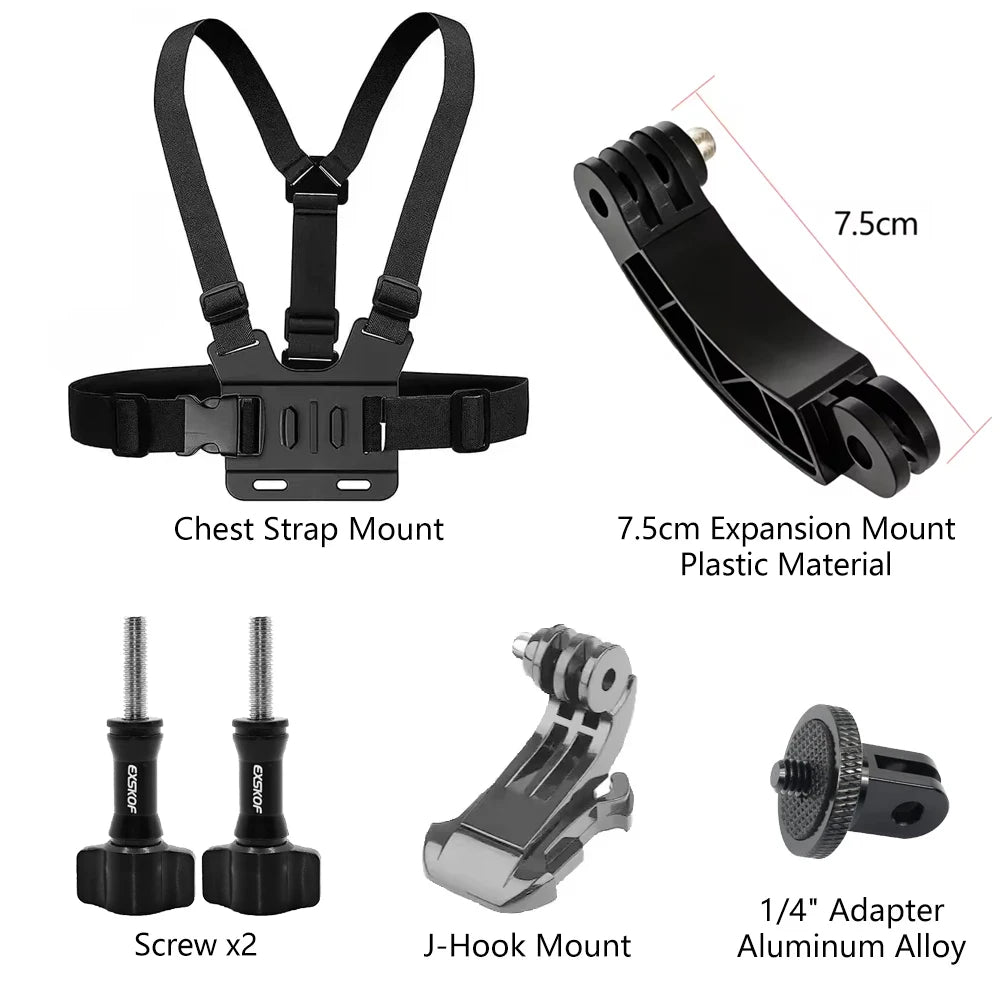 Action Camera Accessories Kit - Adjustable Head Strap & Chest Mount Holder for GoPro, DJI, Insta360 & More