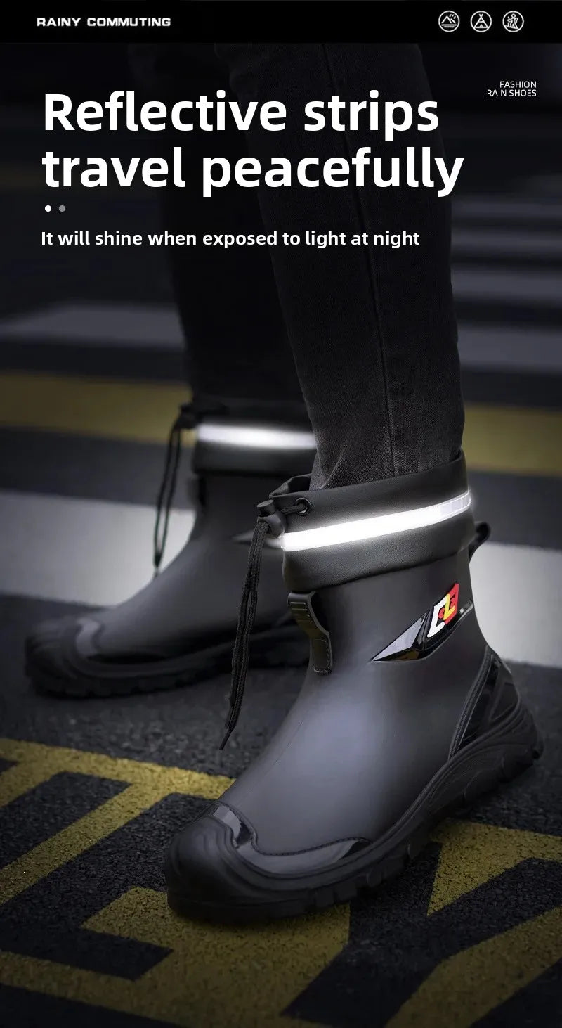 Men’s Ankle-High Fleece-Lined Rain Boots – Waterproof, Anti-Slip, Wear-Resistant Work & Fishing Shoes
