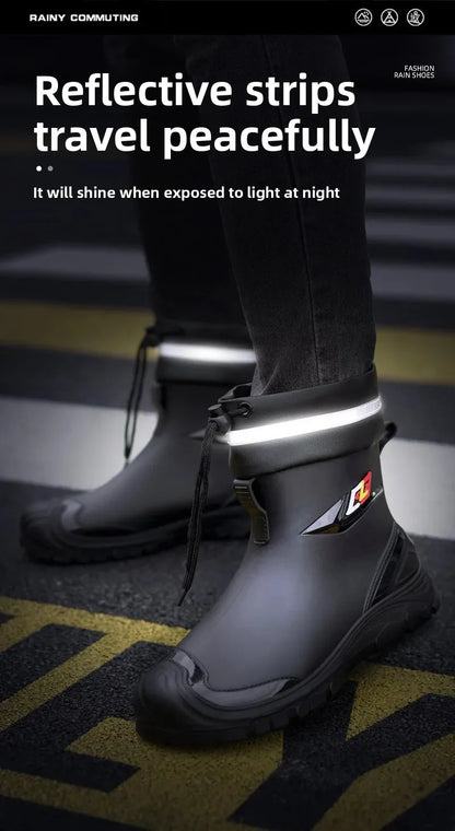 Men’s Ankle-High Fleece-Lined Rain Boots – Waterproof, Anti-Slip, Wear-Resistant Work & Fishing Shoes