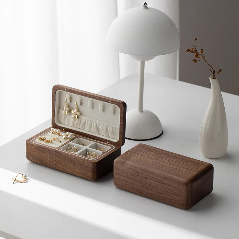 Double Layer Wooden Jewelry Box – Necklace, Bracelet & Earring Organizer in Black Walnut, Perfect Wedding Gift