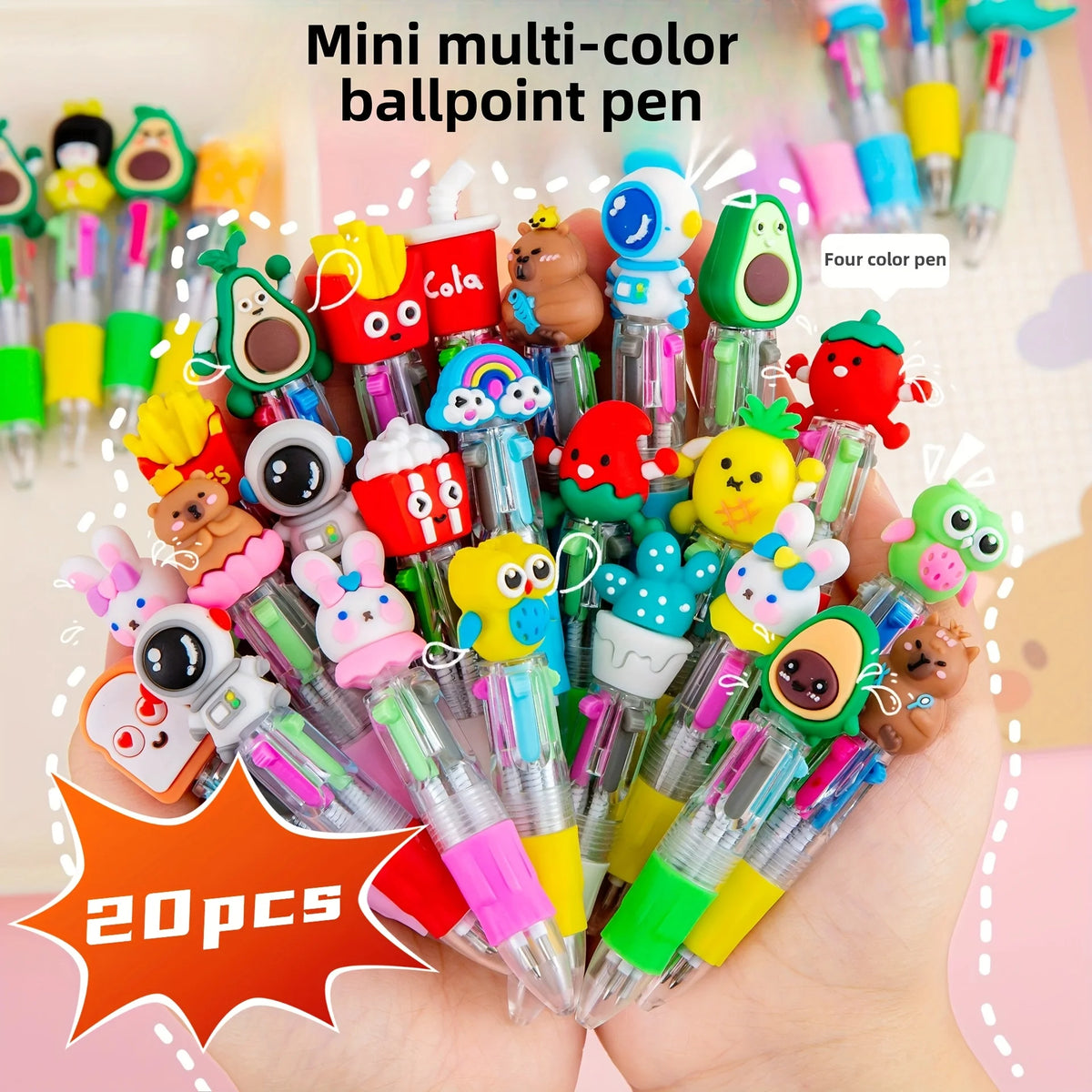 Cute Cartoon 4-Color Mini Ballpoint Pens - Kawaii Unicorn & Flamingo Retractable School Office Stationery, 5–20 Pieces