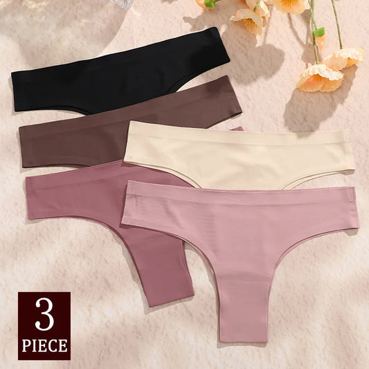 3PCS Seamless Maillard Ultra-Thin Brazilian Panties for Women – Ice Silk Low Waist G-String, Sexy Solid Underwear