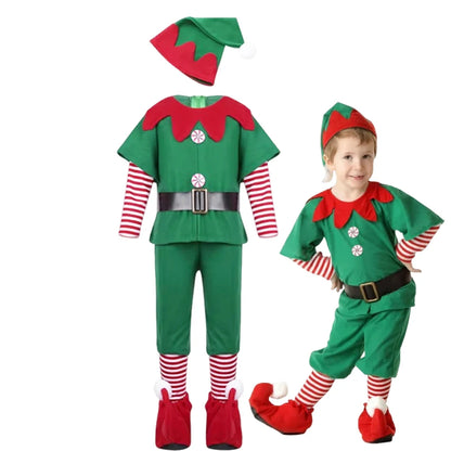 Kids Christmas Elf Costume Set – Green Santa Helper Outfit with Hat for Boys & Girls Holiday Party & Performance Wear