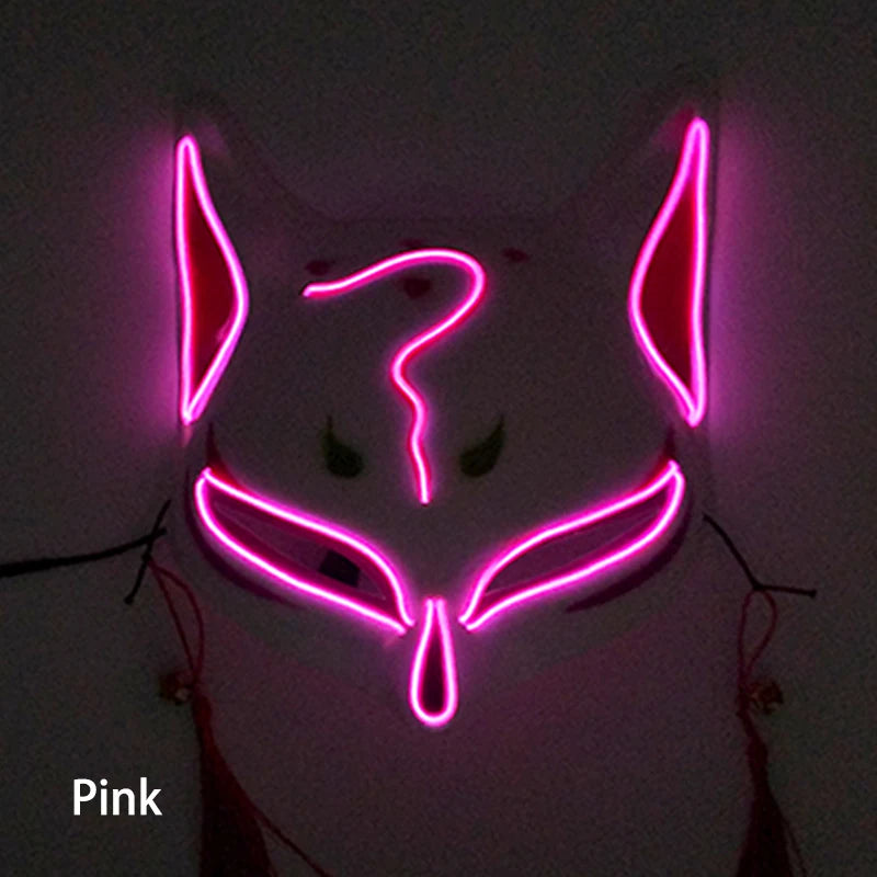 Glowing LED Fox Mask – Neon Japanese Anime-Inspired Samurai Cosplay Mask for Halloween, Christmas & Costume Parties
