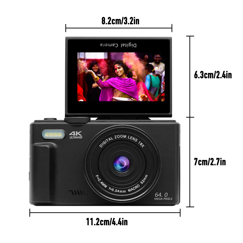 4K Digital Camera – 64MP Compact Photography & Vlogging Camera with 18X Digital Zoom, 3'' 180° Flip Screen & Flash