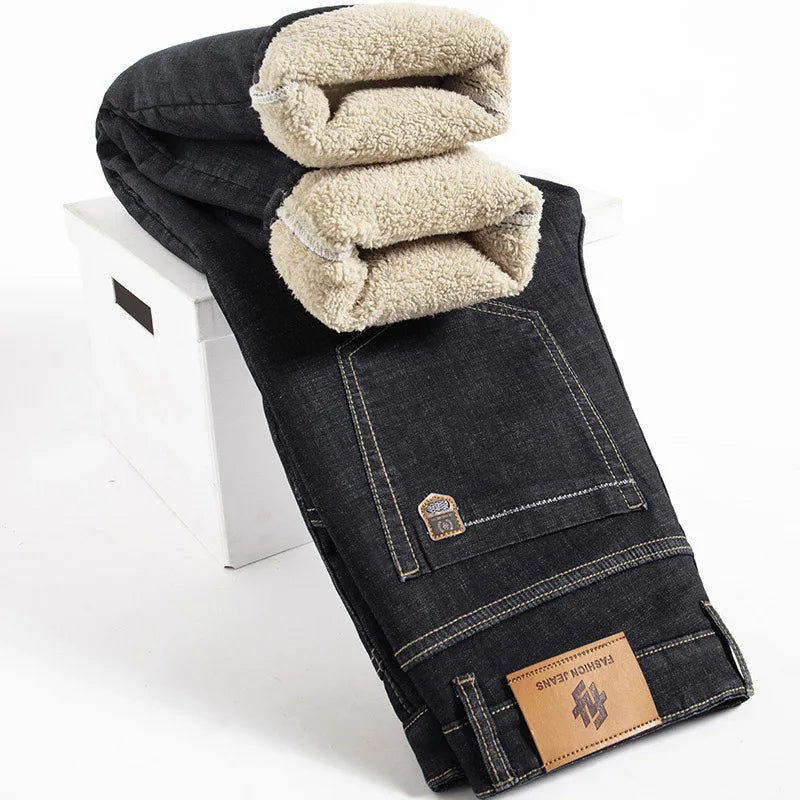 Men’s Winter Lamb Fluff Denim Pants – Fleece-Lined Straight Jeans, Thick High-Waist Slim Stretch Jeans, Big Size 40 Warm Vaqueros